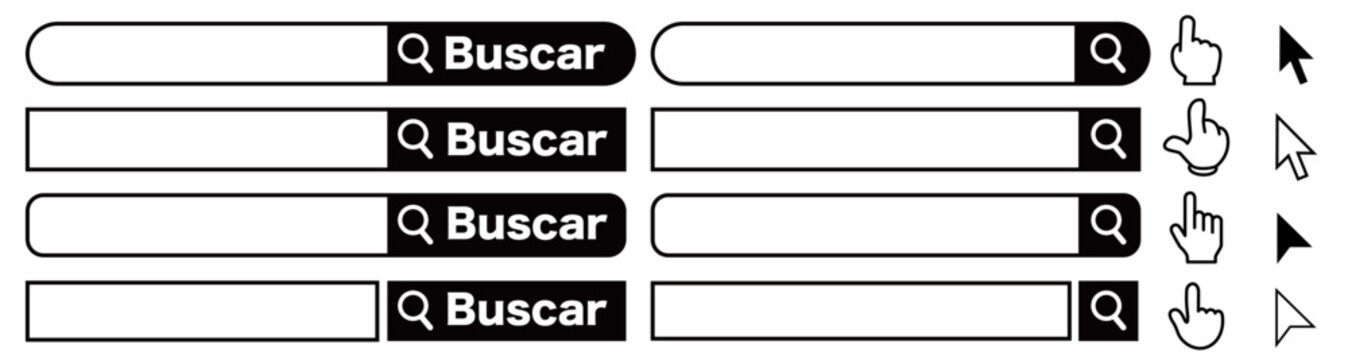 Barra de b&uacute;squeda con bot&oacute;n &laquo;Buscar&raquo;, cursor e icono de mano se&ntilde;alando (dise&ntilde;o UI simple para sitio web y aplicaci&oacute;n)