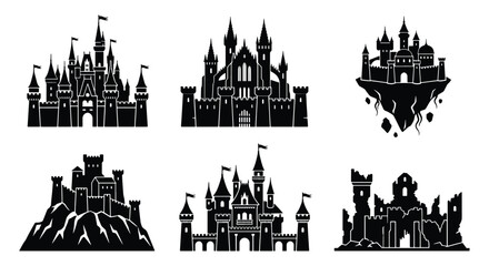 Medieval castle silhouette collection, 6 fantasy fortress icons, black fairy tale palace vector set, gothic citadel and floating island kingdom © DesignHost