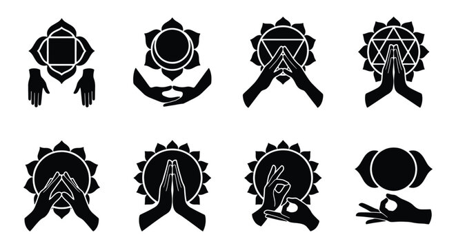 Sacred chakra symbols with mudra hand gestures, 8 black vector icons of spiritual energy centers, yoga meditation and healing art elements