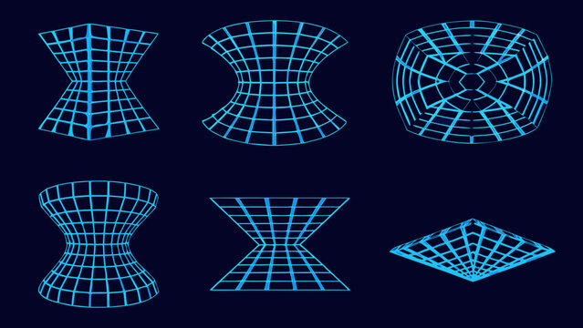 Illusionary geometric shapes in blue neon grid against a dark background
