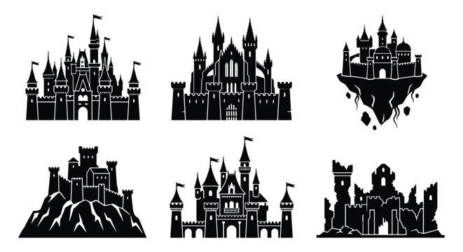 Medieval castle silhouette collection, 6 fantasy fortress icons, black fairy tale palace vector set, gothic citadel and floating island kingdom