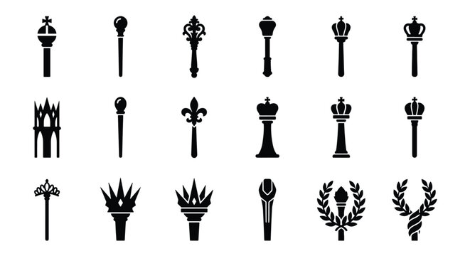 Royal scepter icon set, 18 medieval king mace vectors, monarch symbols