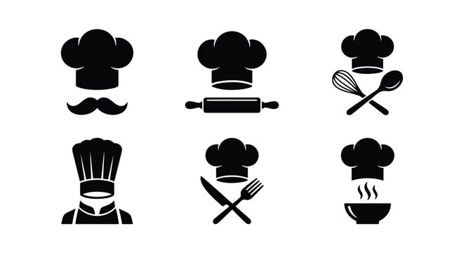 Chef hat and kitchen utensil icons set, 6 black vector silhouettes of restaurant cook logos, culinary equipment and bakery symbols for menu design