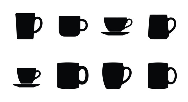 Minimalist coffee mug silhouettes, set of 8 black ceramic cup icons, flat vector tea mugs and espresso cups for cafe branding and kitchen menus