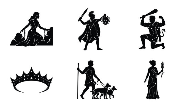 Ancient Greek mythology constellation silhouettes, 6 celestial zodiac star map icons, black mythological figure vector set for astrology and astronomy