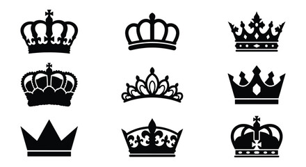 Royal crown silhouettes collection, set of 9 black king and queen headwear icons, heraldic imperial tiara symbols, elegant monarch coronet vectors © DesignHost