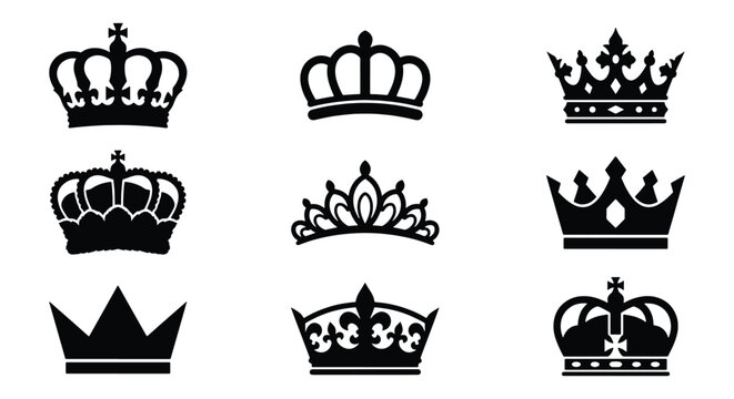 Royal crown silhouettes collection, set of 9 black king and queen headwear icons, heraldic imperial tiara symbols, elegant monarch coronet vectors