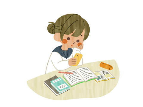 勉強中にスマホをいじっている女子学生-ガッシュ