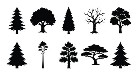 Black tree silhouettes collection, set of 10 forest tree icons in vector format, minimalist pine and oak tree shapes for landscape design and mapping © DesignHost