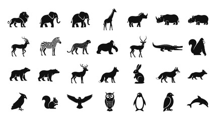 Fototapeta premium Diverse wildlife and animal species vector icon set on white background