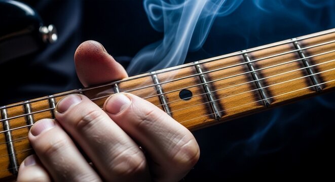 Close up of a hand playing an electric guitar with smoke swirling around the fretboard