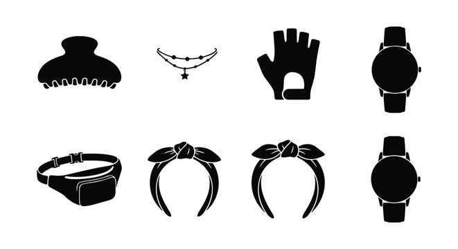 Black fashion accessories icon set, minimalist lifestyle apparel elements vector, modern jewelry and wearable items collection on white background