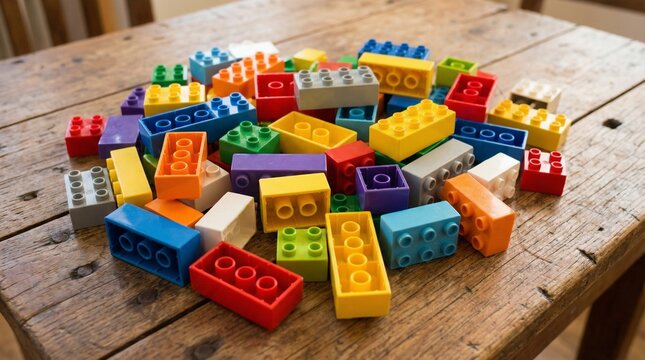 A colorful pile of assorted plastic building blocks, similar to LEGO or DUPLO, scattered across a rustic, textured wooden table. The blocks come in various sizes, shapes, and vibrant colors.