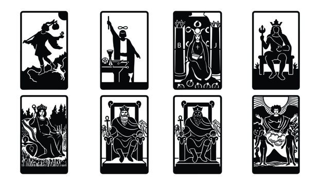 Mystical tarot card icons, occult deck vector set, black and white arcana