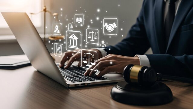 Lawyer working on laptop with legal icons