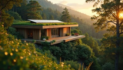 Obraz premium Modern eco house with green roof solar panels sits on a steep forest hill at sunset. Wooden deck with furniture offers view of mountains. Nature and sustainable living.