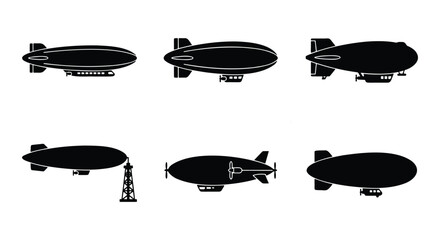 Vintage airship silhouette collection, set of 6 dirigible and zeppelin vector icons, retro flying blimp transport graphics on white background © DesignHost
