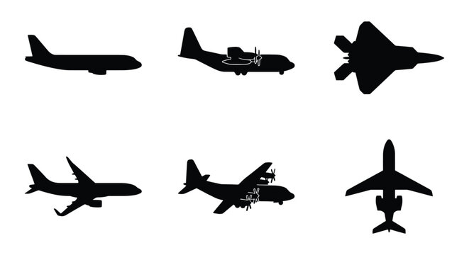 Airplane silhouette collection with 6 vector icons, commercial aircraft and military jet silhouettes, black aviation transport shapes on white background
