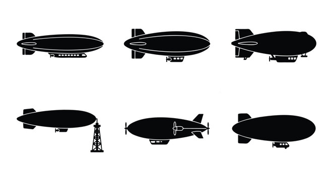 Vintage airship silhouette collection, set of 6 dirigible and zeppelin vector icons, retro flying blimp transport graphics on white background