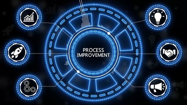 Animated conceptual diagram illustrating process improvement with relevant business icons.4k Animation.
