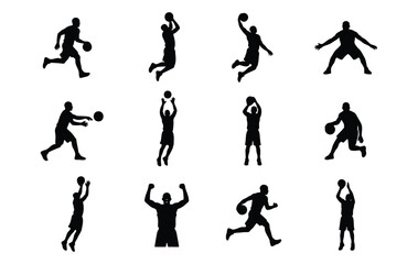 Basketball player silhouettes set, 12 athlete icons in action poses, black vector sports figures jumping and dribbling on white background © DesignHost