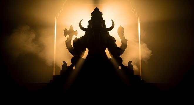 Silhouette of Lord Vishnu s Varaha Avatar Statue with Backlit Glow and Mystical Atmosphere for Varaha Jayanti Celebration