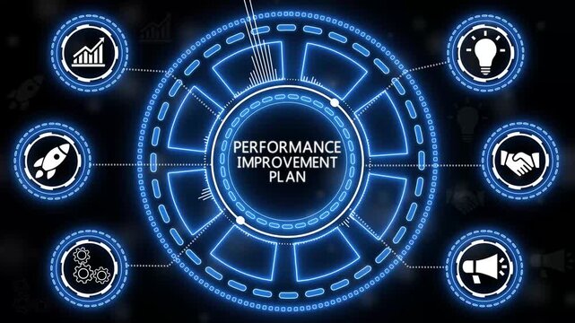 Modern neon diagram illustrating a performance improvement plan on a black background.4k Animation.