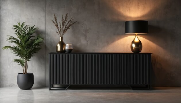 Black fluted sideboard with brass lamp and plant. Modern concrete wall and floor create a stylish interior design. Cozy lighting adds warmth.