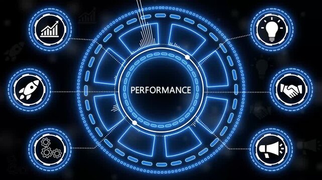 Digital performance infographic with business icons illustrating key success factors.4k Animation.