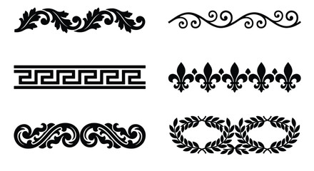 Vintage decorative border set, 6 black ornamental dividers and floral filigree vectors, classic greek key and fleur de lis patterns for stationery © DesignHost