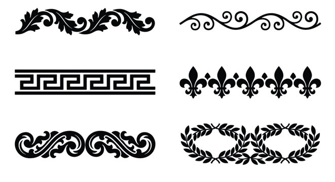 Vintage decorative border set, 6 black ornamental dividers and floral filigree vectors, classic greek key and fleur de lis patterns for stationery