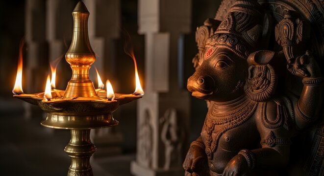 Decorative Oil Lamp and Intricate Sculpture for Varaha Jayanti Celebrations in a Temple Setting