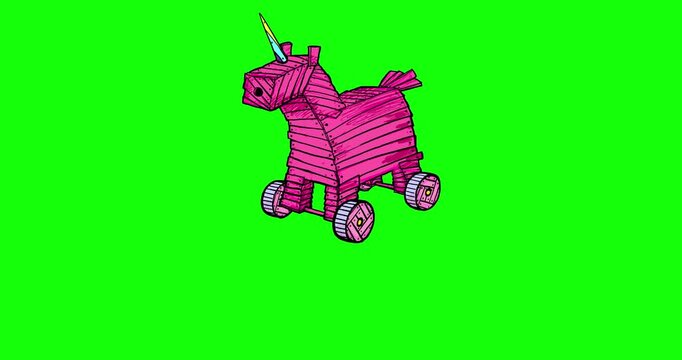 Cartoon wooden Troyan horse unicorn animation greenbox isolated. Green screen background metaphor of betrayal, deception computer virus or bad advice false start.