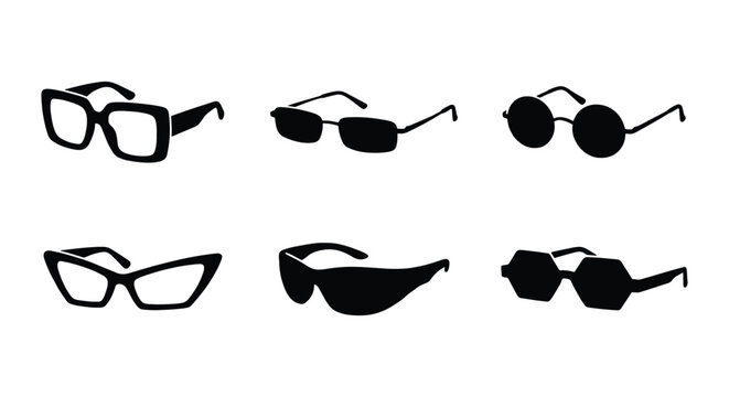 Black sunglasses silhouette icons, 6 fashion eyewear vectors, modern glasses set
