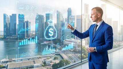 Fototapeta premium Business professional analyzing financial data with digital dollar icon in modern cityscape office