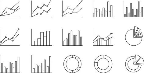 Obraz premium Business analytics icon set with line charts bar graphs pie charts and data visualization elements for finance statistics and dashboard design vector illustration