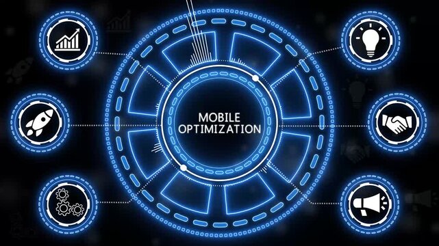 Animated mobile optimization concept with business development and marketing icons.4k Animation.