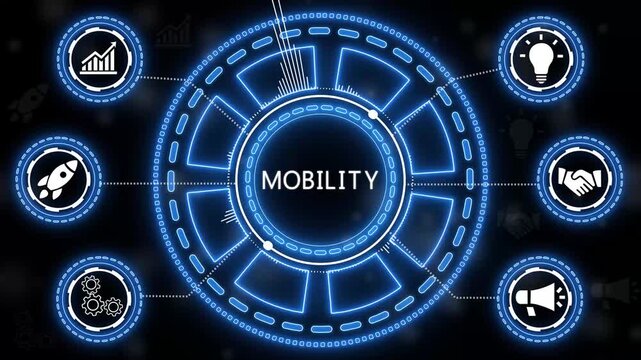 Conceptual representation of mobility with associated icons in modern digital illustration.4k Animation.