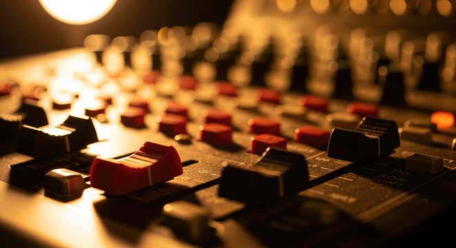 Close-up of a professional audio mixing console.