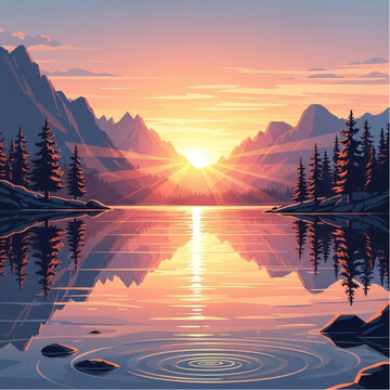 Vibrant Sunset Illustration with Mountains and Lake.