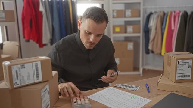 Man counting cash with hands while sorting shipping boxes at a packing table in a studio; entrepreneurship focus profit.