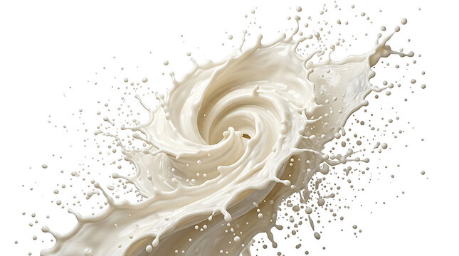 Creamy white milk liquid swirl with dynamic splash wave, realistic dairy product flow, isolated cutout element on white background for food design composition, organic fluid motion.