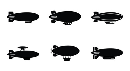 Vintage blimp silhouette icons, 6 airship vector elements, dirigible set © Designhoost Ltd
