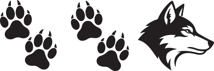 Siberian husky dog vector illustration, black and white standing pet silhouettes facing each other, animal profile clip art, cad drawing flat vector illustration © Israt