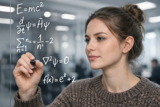 Woman writing scientific formulas on transparent board in worksp