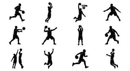 Basketball player silhouettes, 12 athlete action poses, sports vector set © Designhoost Ltd
