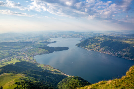 Panoramic view from Mount Rigi summit over Lake Zug Central Switzerland