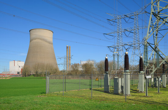 Coal and biomass power plant with power lines in spring in the Netherlands