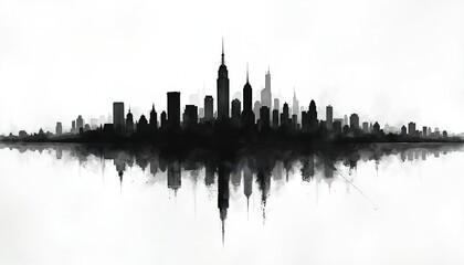 Fototapeta premium Black and white illustration of city skyline with reflections on water. Tall buildings form a dramatic cityscape against a white background. Mysterious urban design.