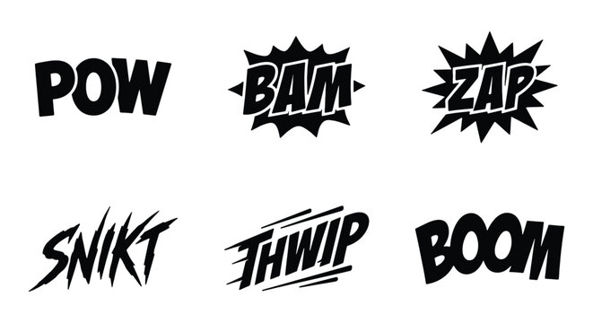 Comic book sound effects, black onomatopoeia vector set, 6 action icons